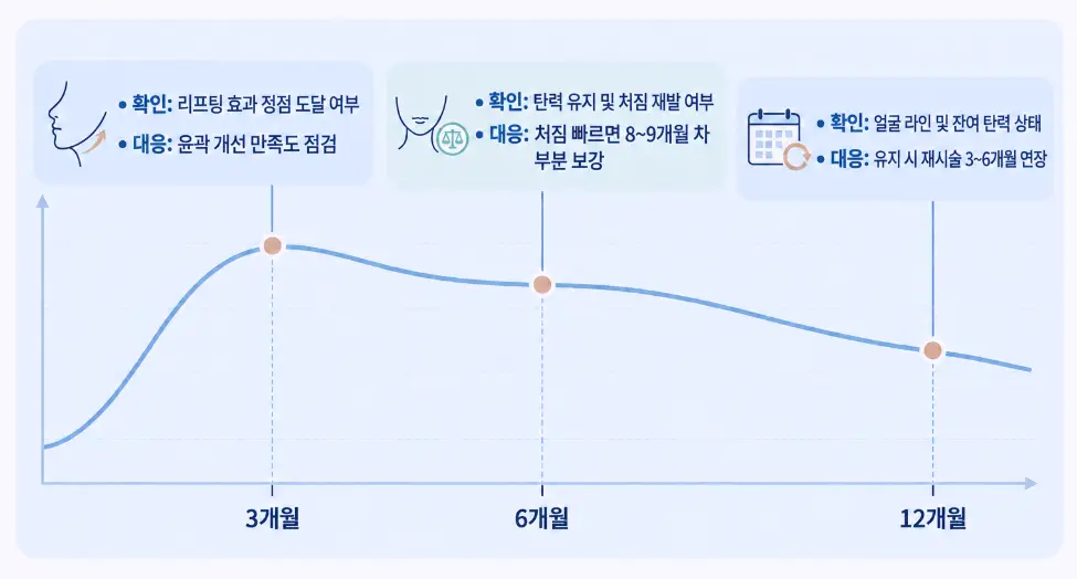 첫 울쎄라 시술 후 3개월 효과 정점, 6개월 탄력 유지 점검, 12개월 잔여 탄력 확인 및 주기 연장 기준을 나타낸 경과 관찰 로드맵 그래프