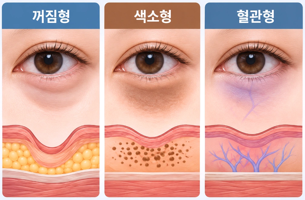 눈밑 꺼짐의 원인을 꺼짐형·색소형·혈관형으로 구분한 피부 단면도 인포그래픽