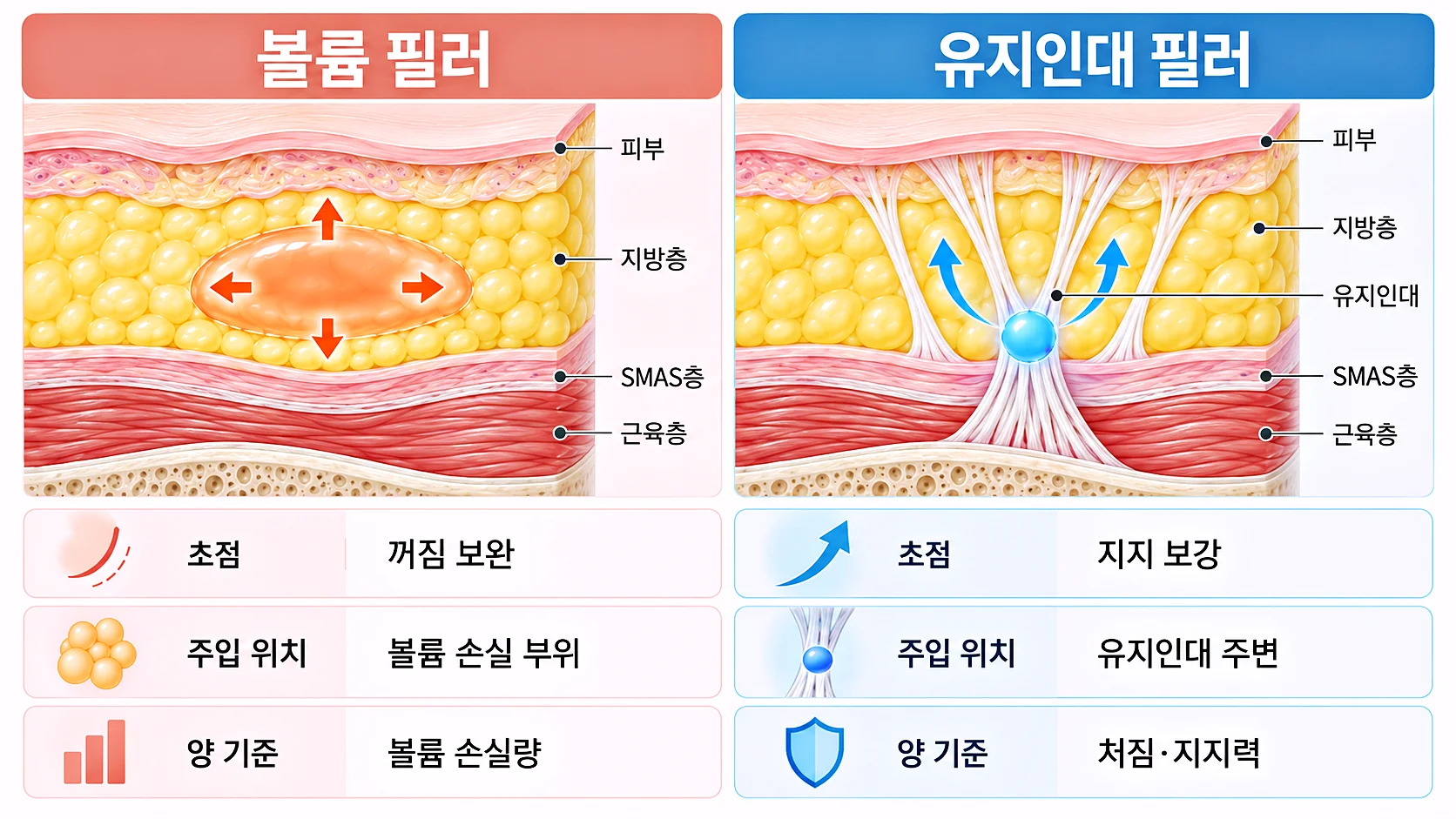 볼륨 필러와 유지인대 필러의 초점, 주입 위치, 양 결정 기준 비교표