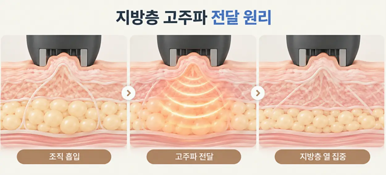 바디 인모드 FX 고주파 에너지가 피부 아래 피하지방층에 전달되어 지방 조직에 열을 집중시키는 원리를 나타낸 3단계 피부 단면 일러스트