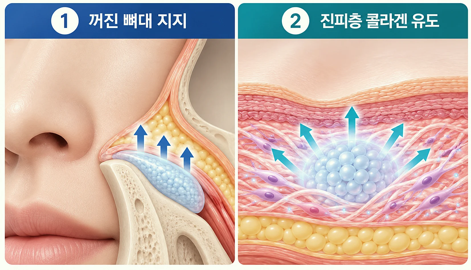 팔자주름 래디어스 시술 시 충족해야 할 원리 - 꺼진 뼈대 지지와 진피층 콜라겐 유도