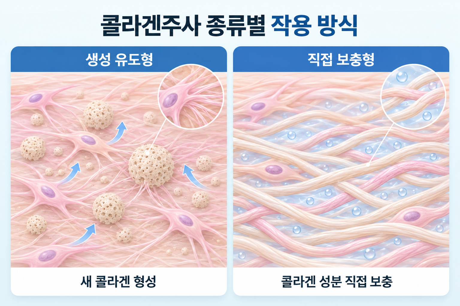 콜라겐 생성 유도형과 직접 보충형의 작용 방식 비교