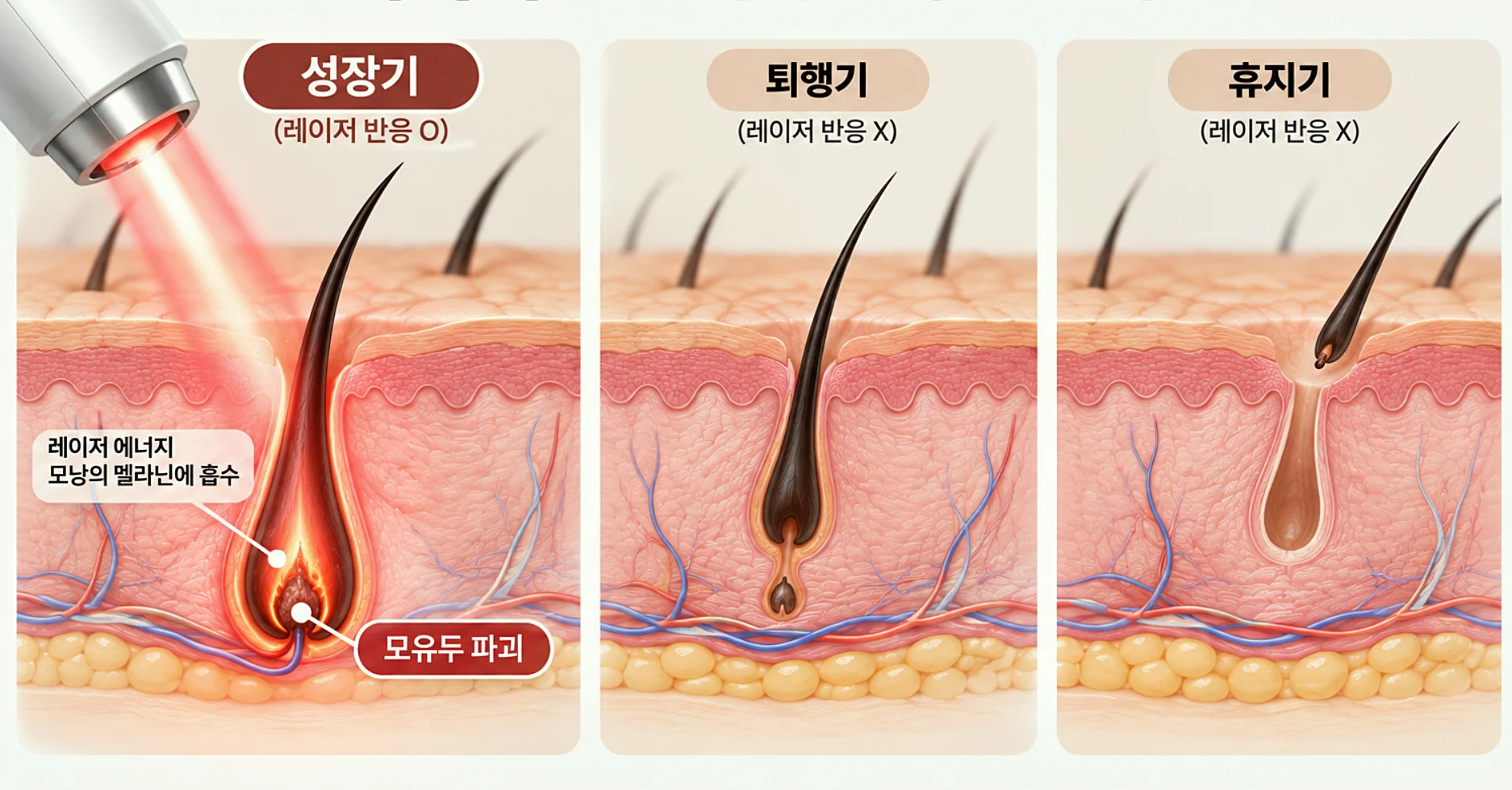 털의 성장기 퇴행기 휴지기 모주기 레이저 제모 원리 인포그래픽