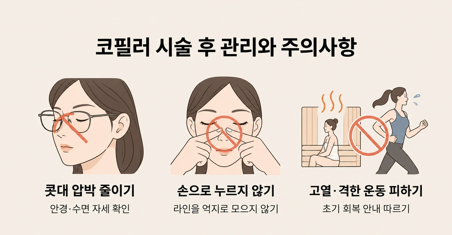 코필러 후 콧대 압박과 손자극, 고열·격한 운동을 피하는 관리 수칙