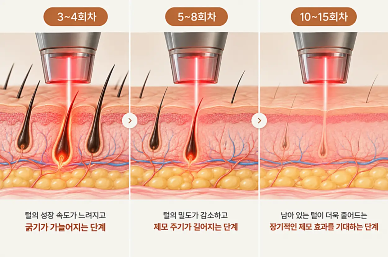 다리털 레이저 제모 3~4회차, 5~8회차, 10~15회차에 따른 털의 굵기와 밀도 감소 및 장기적인 제모 효과를 비교한 인포그래픽