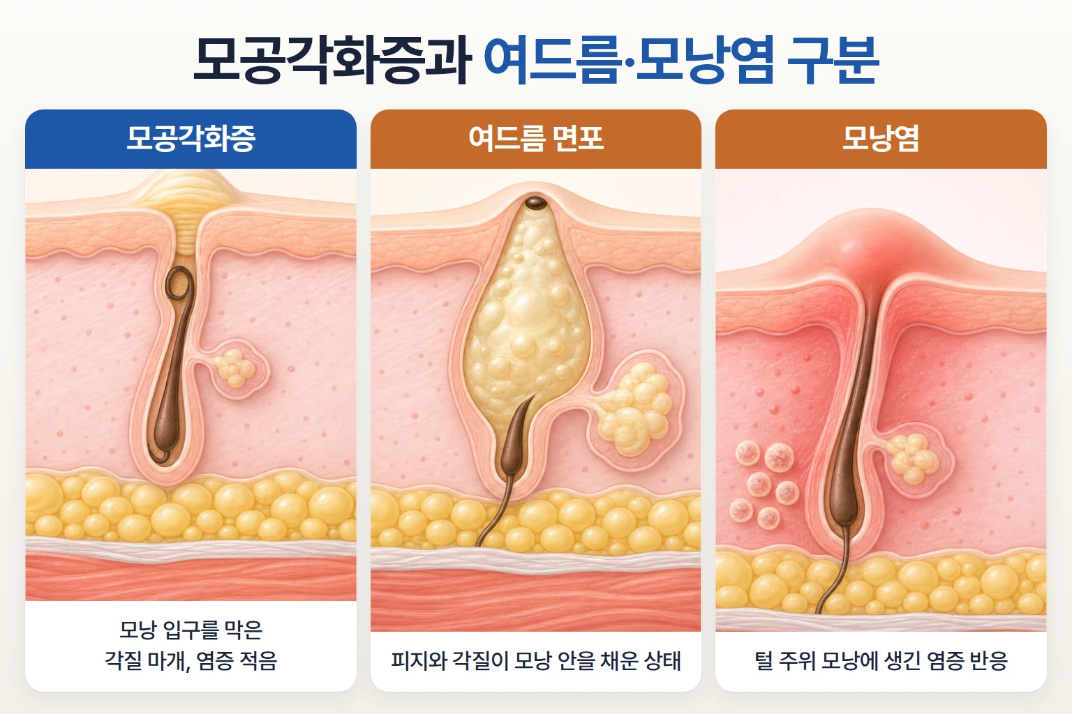 모공각화증 각질 마개, 여드름 면포, 모낭염의 털 주위 염증을 같은 배율로 비교한 피부 단면도