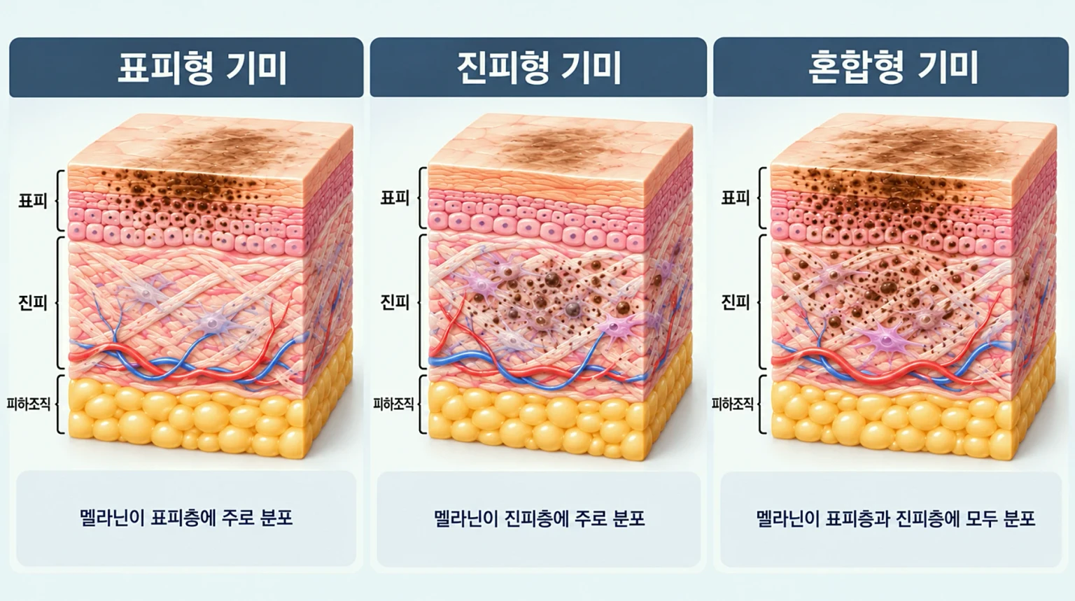 표피형, 진피형, 혼합형 기미의 멜라닌 분포 깊이를 동일 배율로 비교한 피부 단면 모식도