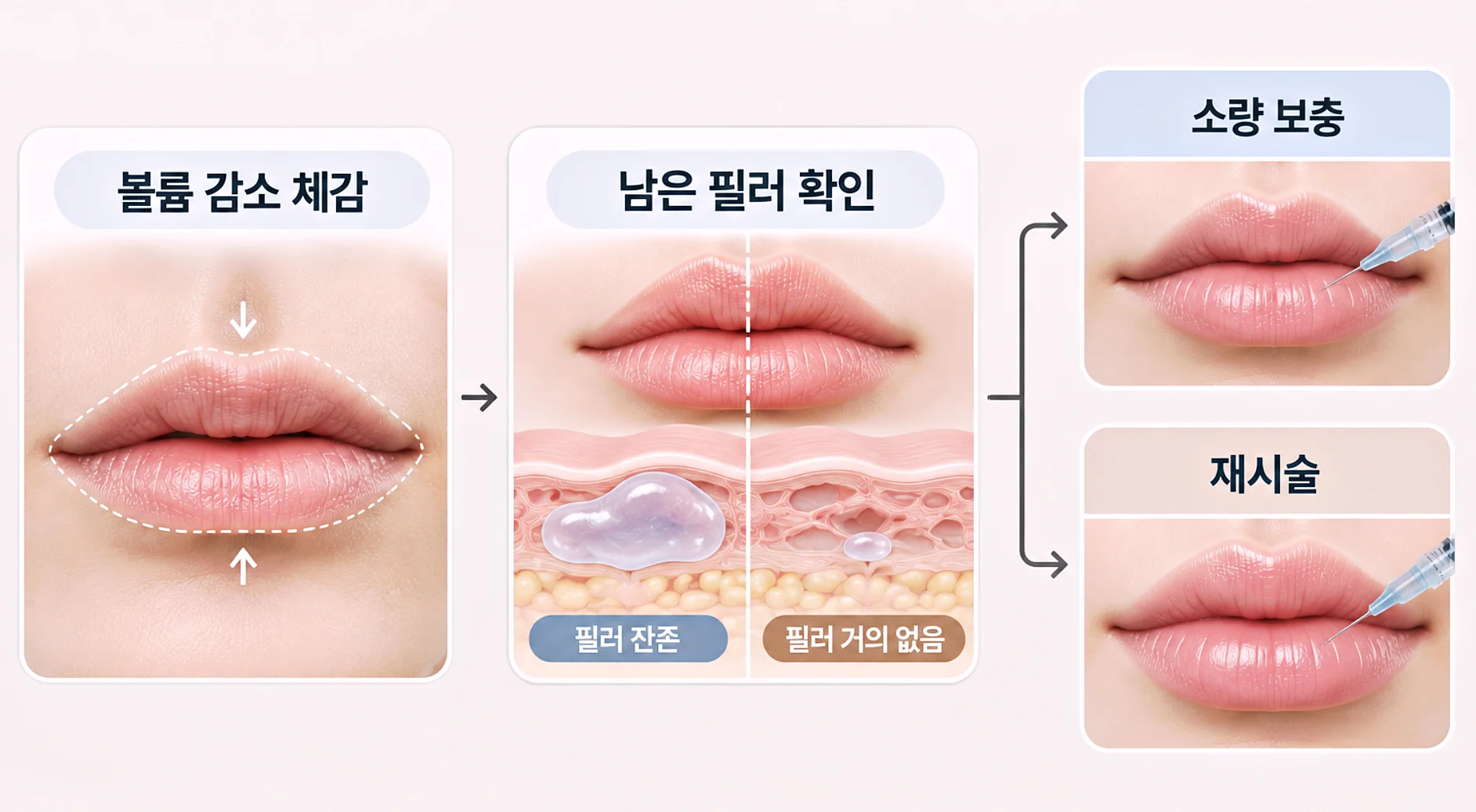 입술 필러 리터치 시기 판단 흐름 볼륨 감소 체감 후 남은 필러 상태 확인