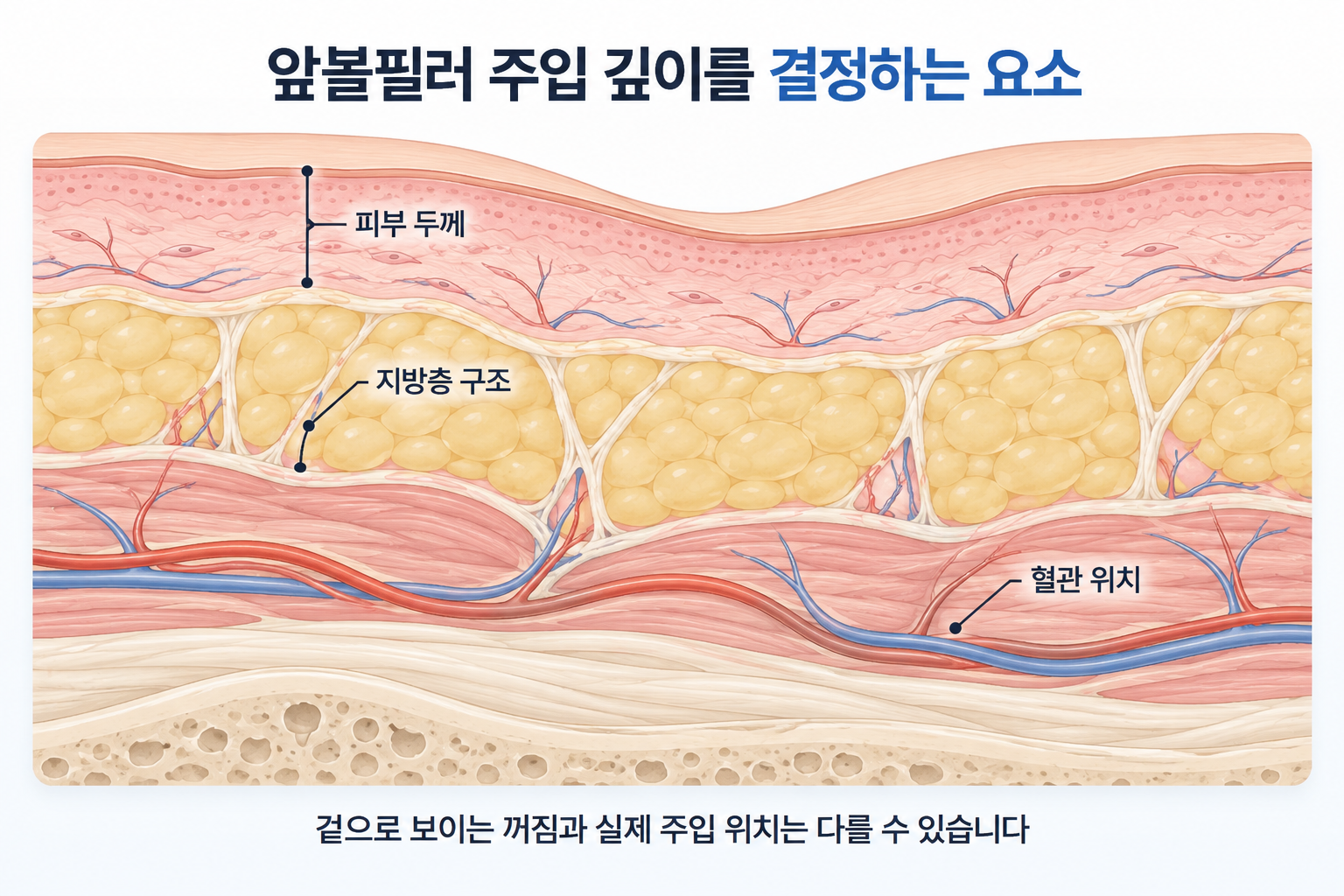 앞볼필러 주입 깊이를 결정할 때 고려하는 피부 두께와 지방층 구조, 주변 혈관의 위치를 구분한 피부 조직 단면