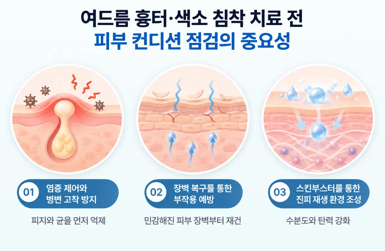 여드름 흉터 색소 치료 전 염증 제어, 장벽 복구, 스킨부스터를 통한 피부 기초 환경 점검 과정