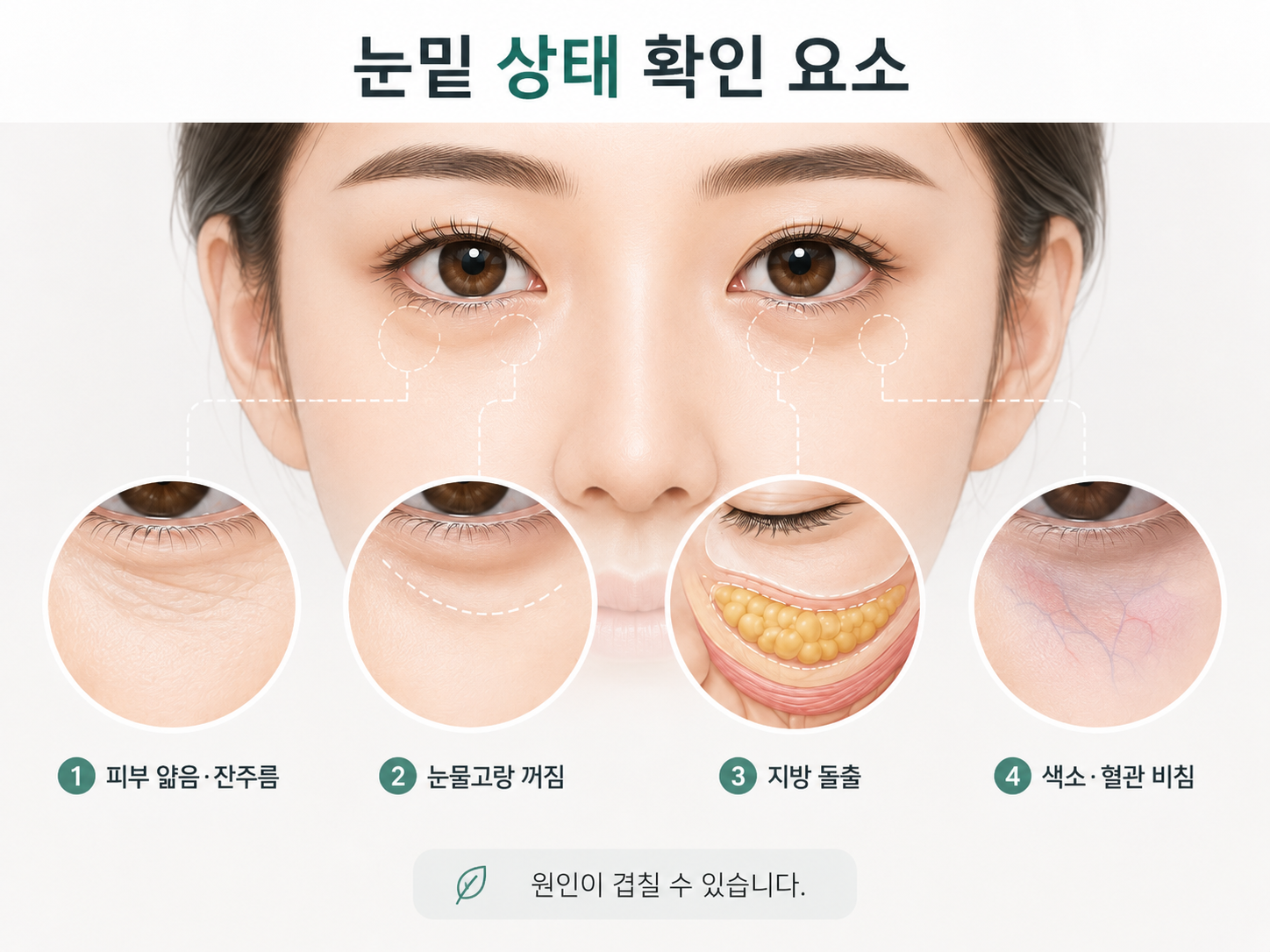 눈밑 피부 얇음과 잔주름, 눈물고랑 꺼짐, 지방 돌출, 색소와 혈관 비침을 구분한 눈밑 상태 확인 요소