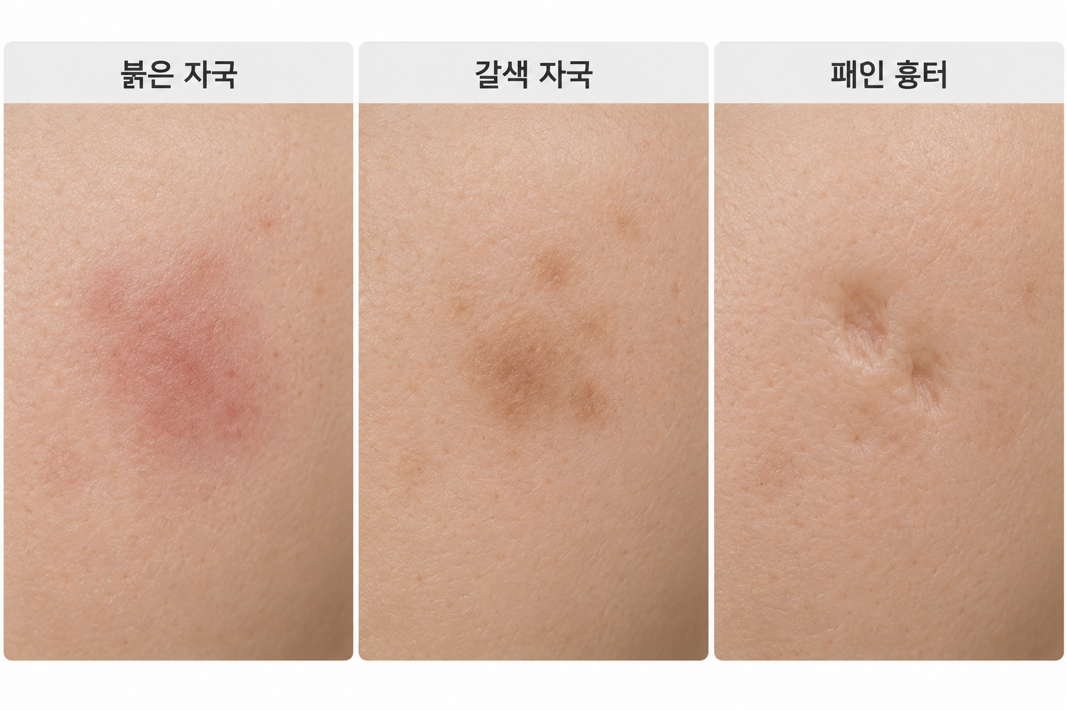 붉은 여드름 자국과 갈색 자국, 패인 여드름 흉터의 차이