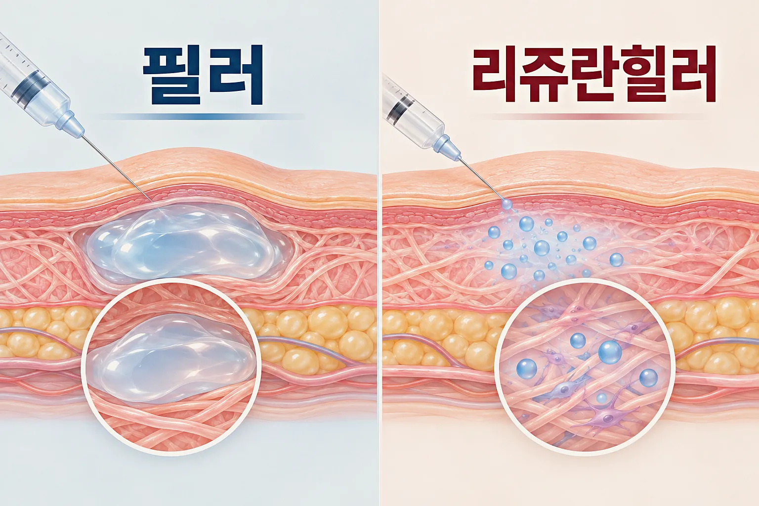 필러와 리쥬란힐러의 지속 구조 비교 - 주입물