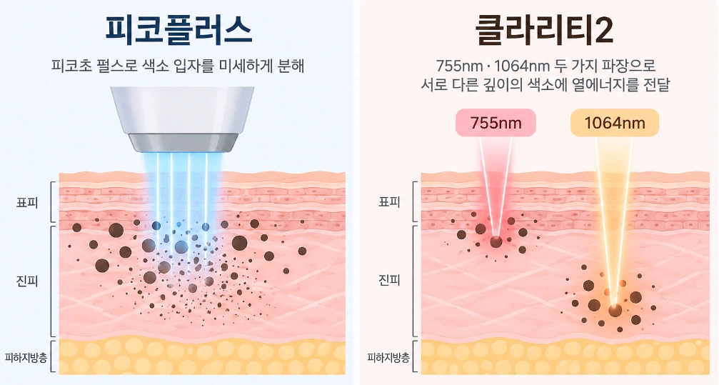 피코플러스와 클라리티2의 색소 치료 원리와 피부 깊이에 따른 에너지 전달 차이를 비교한 이미지