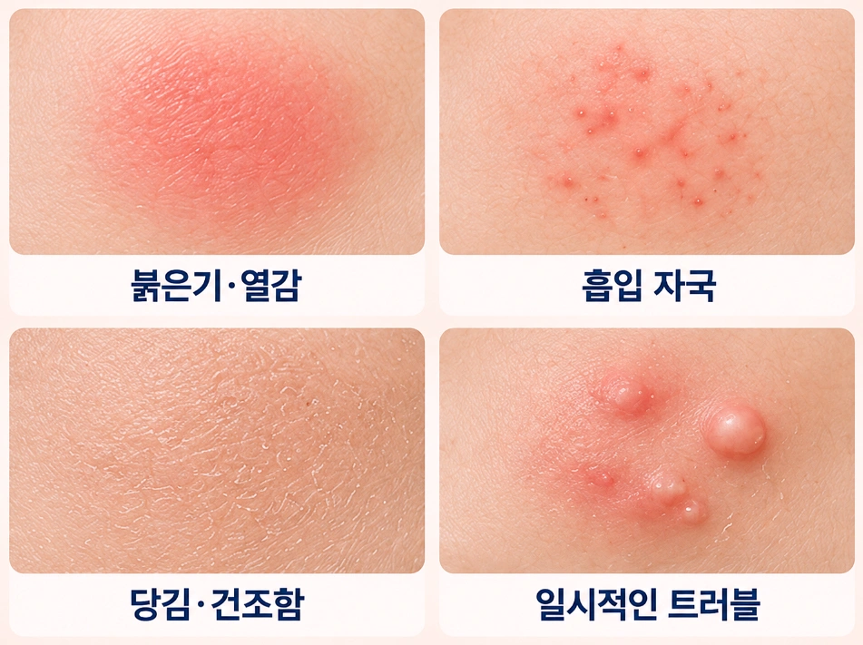 아쿠아필 시술 후 나타날 수 있는 붉은기·열감, 흡입 자국, 당김·건조함, 일시적인 트러블을 실제 피부 이미지로 비교한 인포그래픽