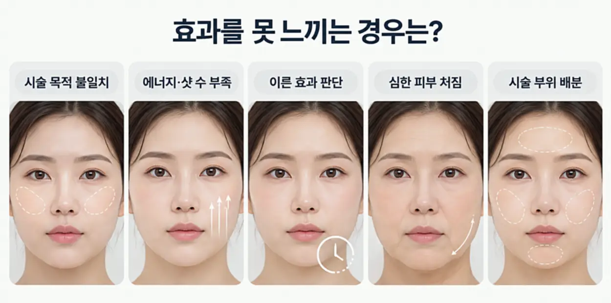 인모드 슈링크 효과를 못 느끼는 5가지 원인과 시술 목적, 에너지 설정, 피부 처짐 및 시술 부위 비교