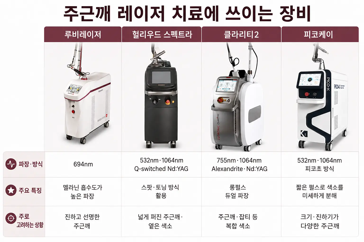 루비레이저·헐리우드 스펙트라·클라리티2·피코케이 등 주근깨 레이저 장비 비교