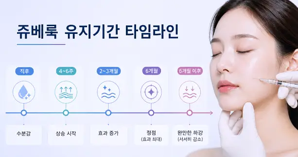 쥬베룩 시술 후 콜라겐 생성 시작부터 정점과 감소까지의 시기별 경과 곡선