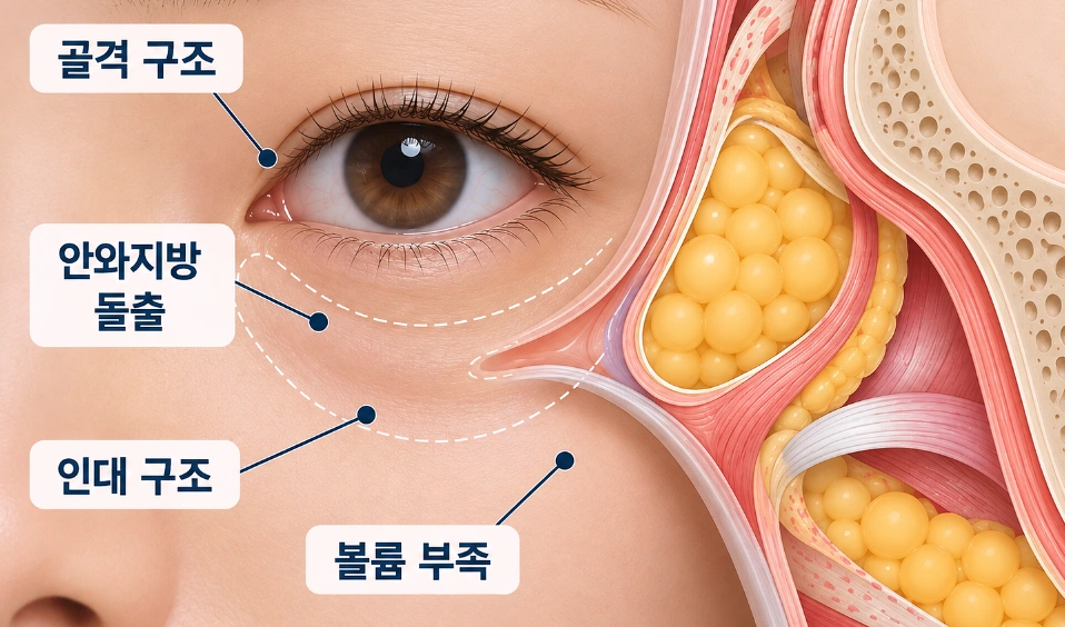 눈밑꺼짐에 영향을 주는 골격 구조, 안와지방 돌출, 인대 구조 및 볼륨 부족을 나타낸 눈 주변 해부학 이미지