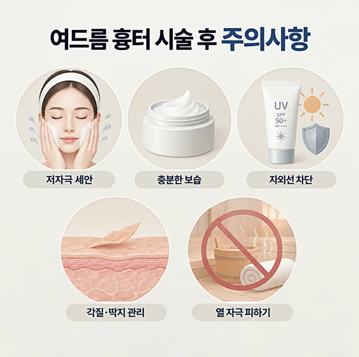 여드름 흉터 시술 후 주의사항 5가지를 설명하는 이미지