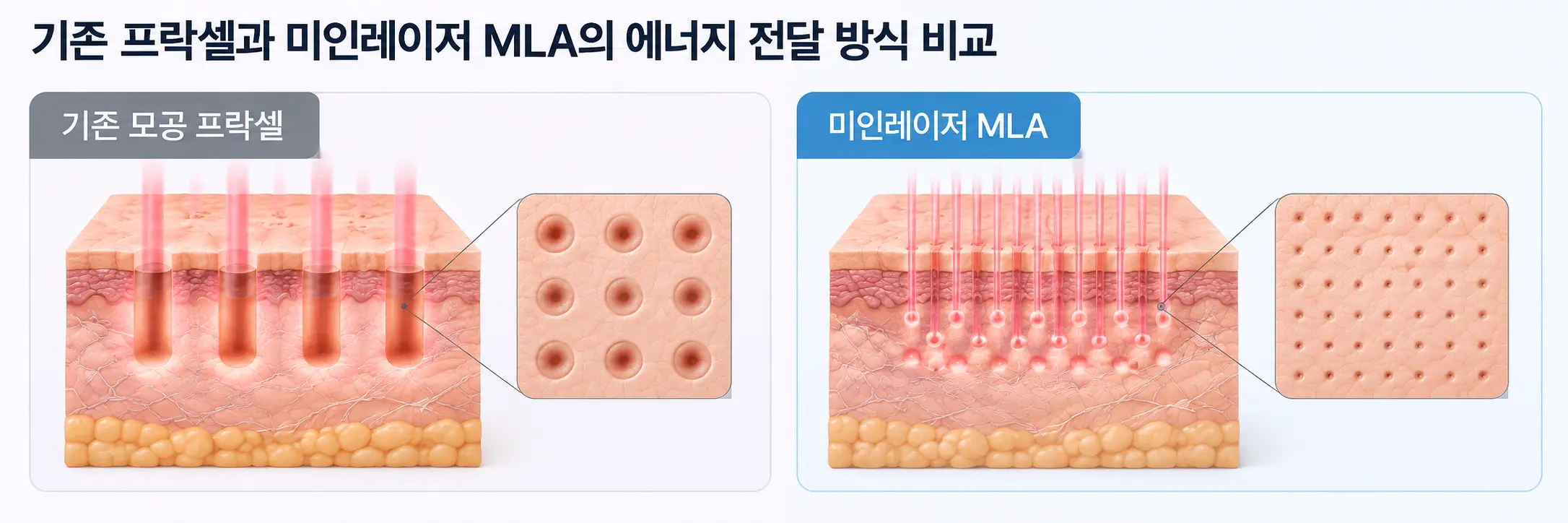 기존 모공 프락셀과 미인레이저 MLA의 에너지 전달 방식 차이