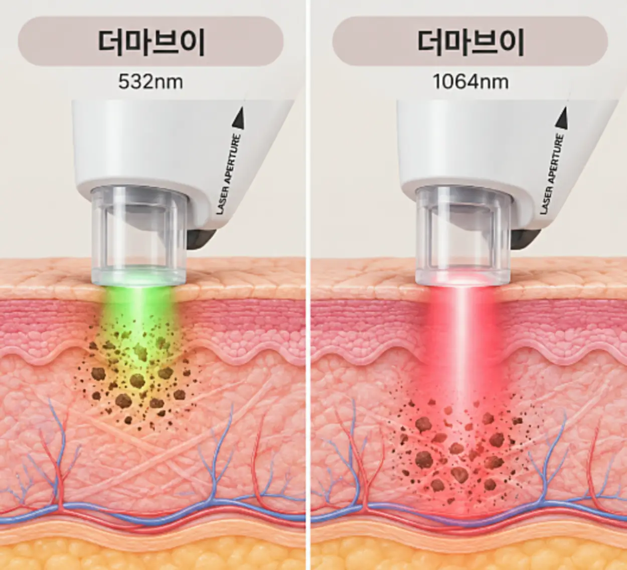 더마브이 두가지 파장을 피부 단면도에 시술하는 장면