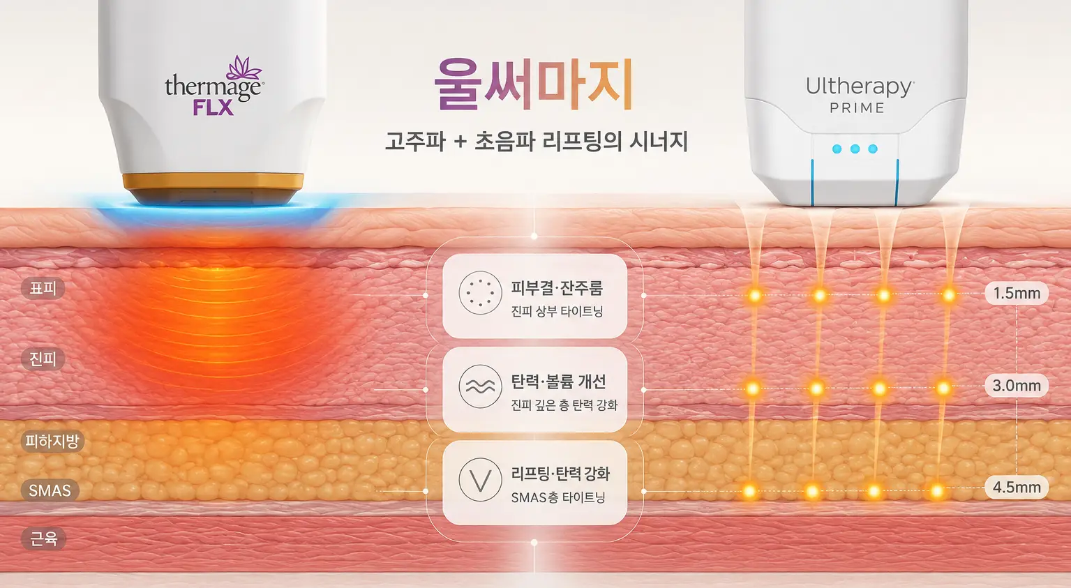 써마지와 울쎄라 병행 시 고주파와 집속초음파가 서로 다른 피부 깊이에 전달되는 울써마지 원리