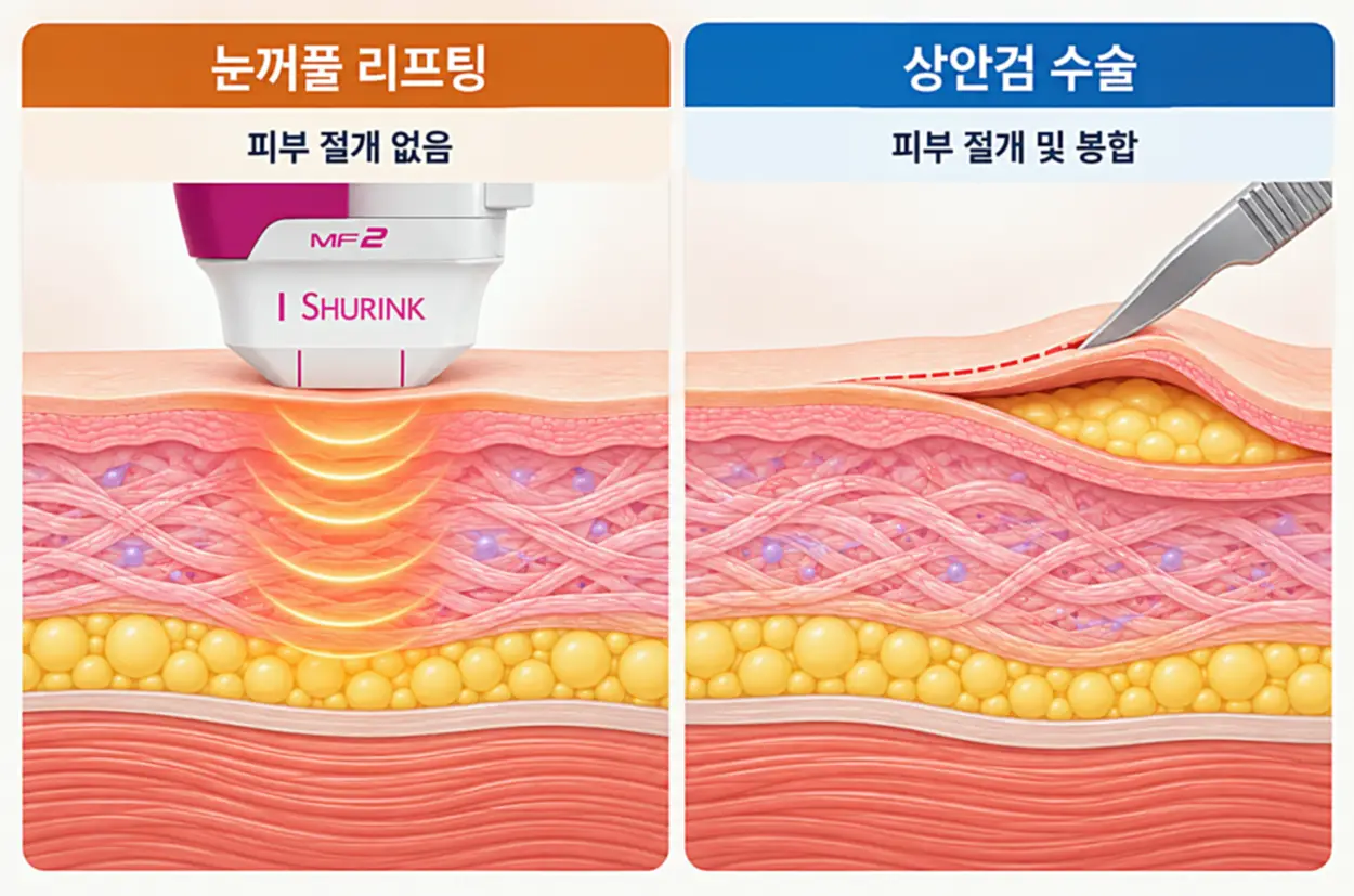 비수술 눈꺼풀 리프팅과 상안검 수술의 차이를 비교한 일러스트로, 아이슈링크 초음파 에너지를 이용한 피부 탄력 개선 방식과 절개를 통해 늘어진 윗눈꺼풀 피부를 제거하는 수술 방식