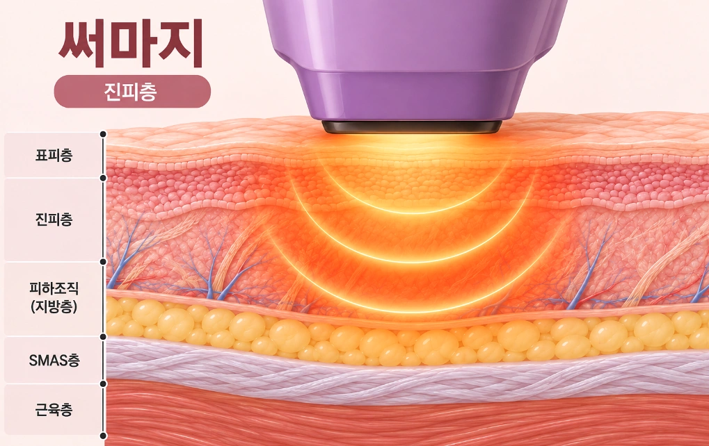 써마지 고주파 에너지가 진피층에 전달되는 원리를 나타낸 피부 단면도
