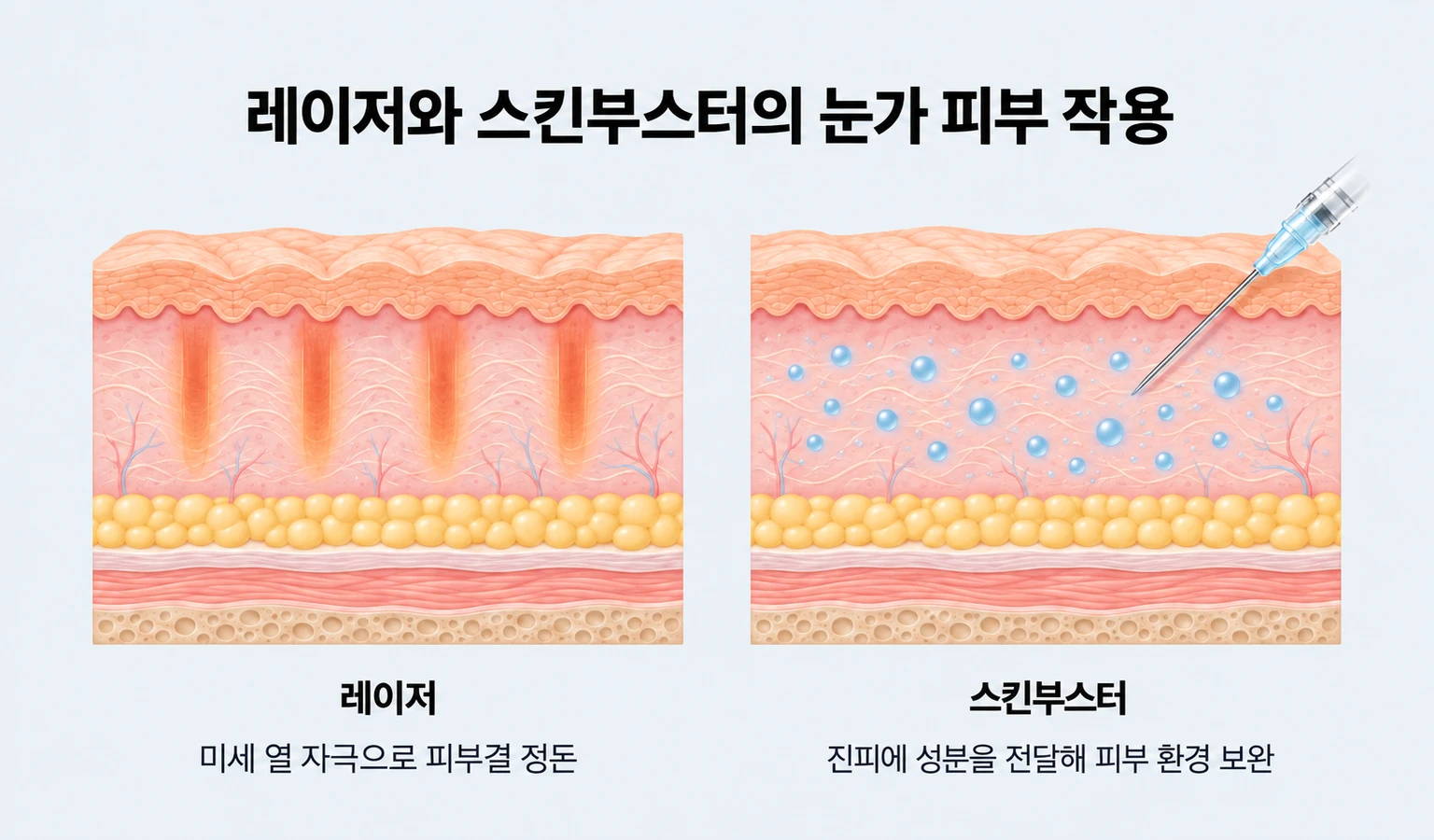 레이저의 미세 열 자극과 스킨부스터의 진피 성분 전달 방식 비교