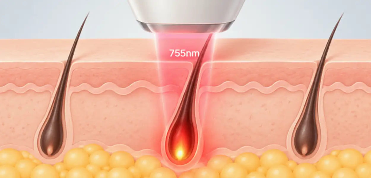 755nm 레이저 빛이 털의 멜라닌 색소에 흡수되어 모근과 모낭에 열을 전달하는 여자 인중 레이저 제모 원리 피부 단면도