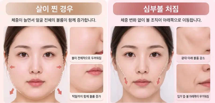 단순한 체중 증가와 심부볼 처짐을 구분하는 얼굴 변화 기준