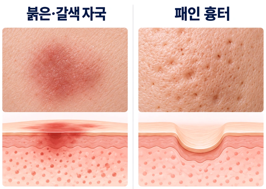 여드름 후 남는 붉은·갈색 자국과 피부 표면이 움푹 패인 여드름흉터의 차이를 피부 사진과 단면도로 비교한 이미지