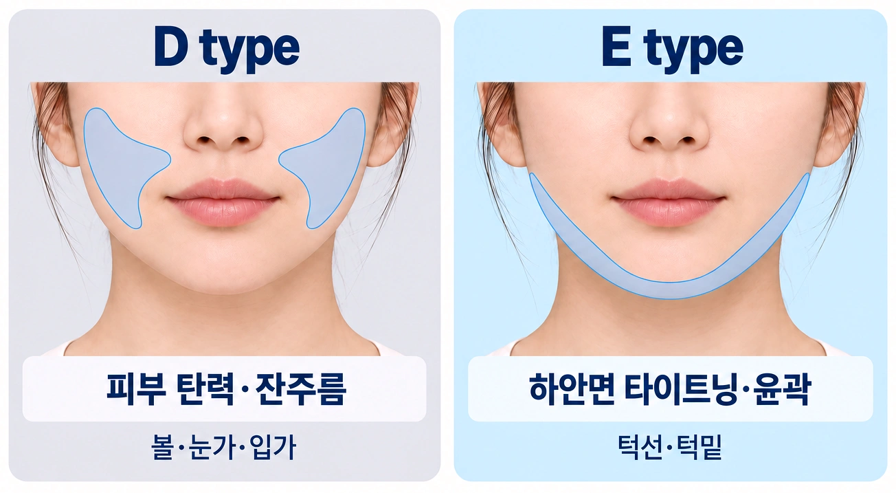 올타이트 D타입과 E타입 팁의 적용 부위 및 피부 탄력과 윤곽 관리 목적을 비교한 이미지