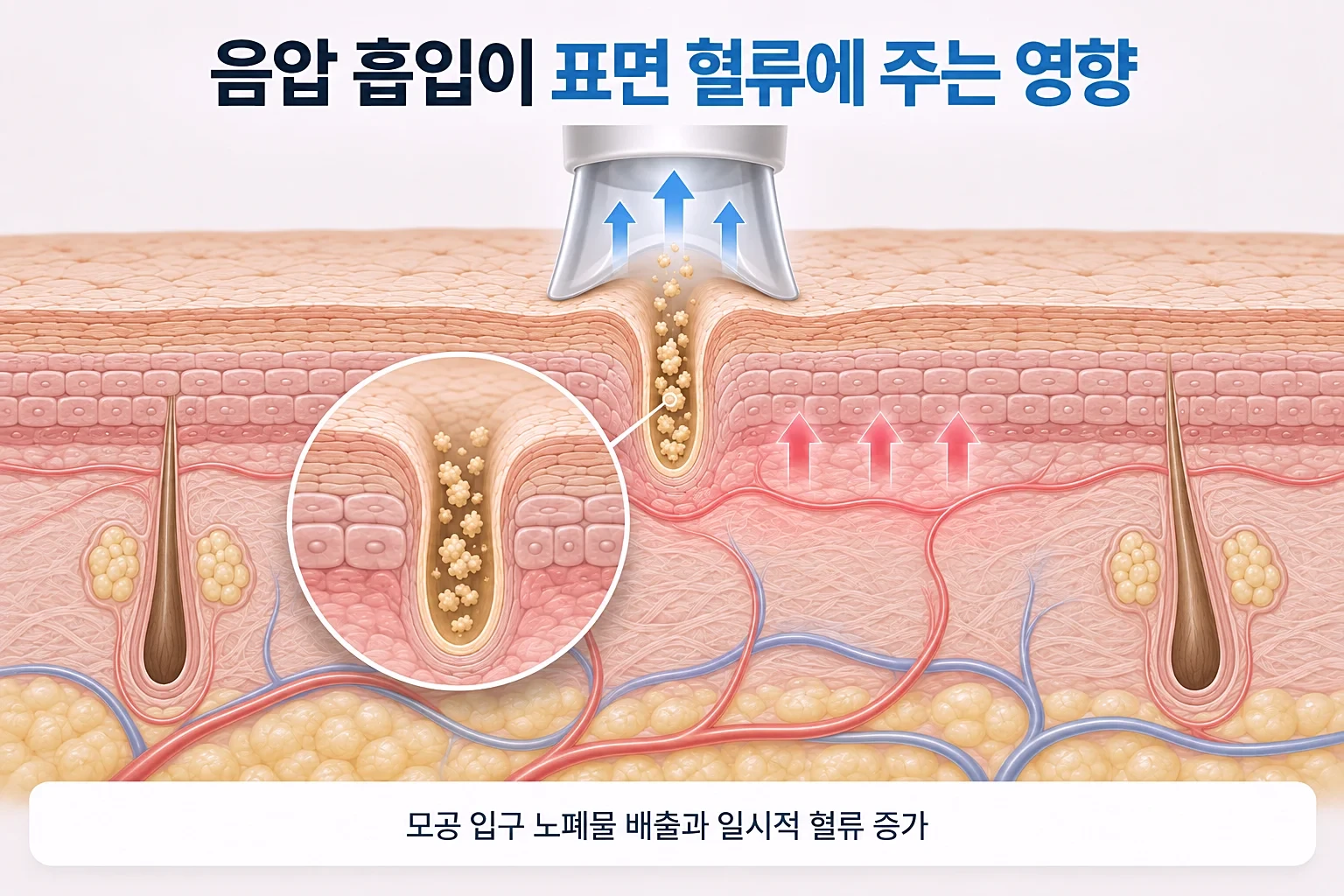 흡입 팁의 음압이 모공 속 노폐물을 끌어올리고 표면 혈류가 늘어나는 과정을 그린 원리 일러스트