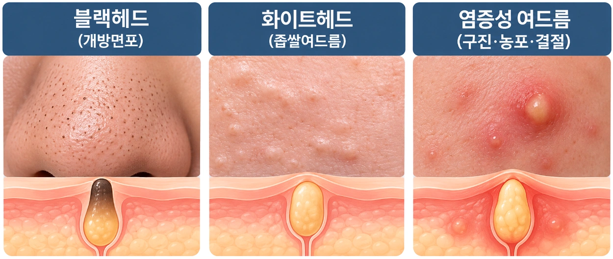 블랙헤드, 화이트헤드, 염증성 여드름의 피부 표면 특징과 모공 내부 구조를 비교한 이미지