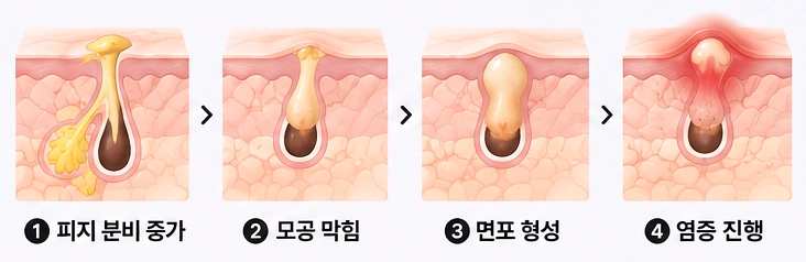 피지 분비 증가부터 모공 막힘, 면포 형성, 염증 진행까지 여드름이 발생하는 과정을 단계별로 나타낸 피부 단면 모식도