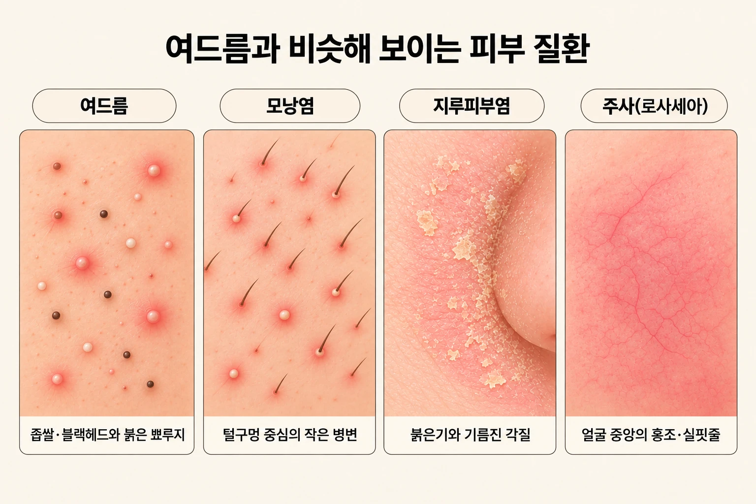 여드름·모낭염·지루피부염·주사의 대표적인 피부 증상 비교