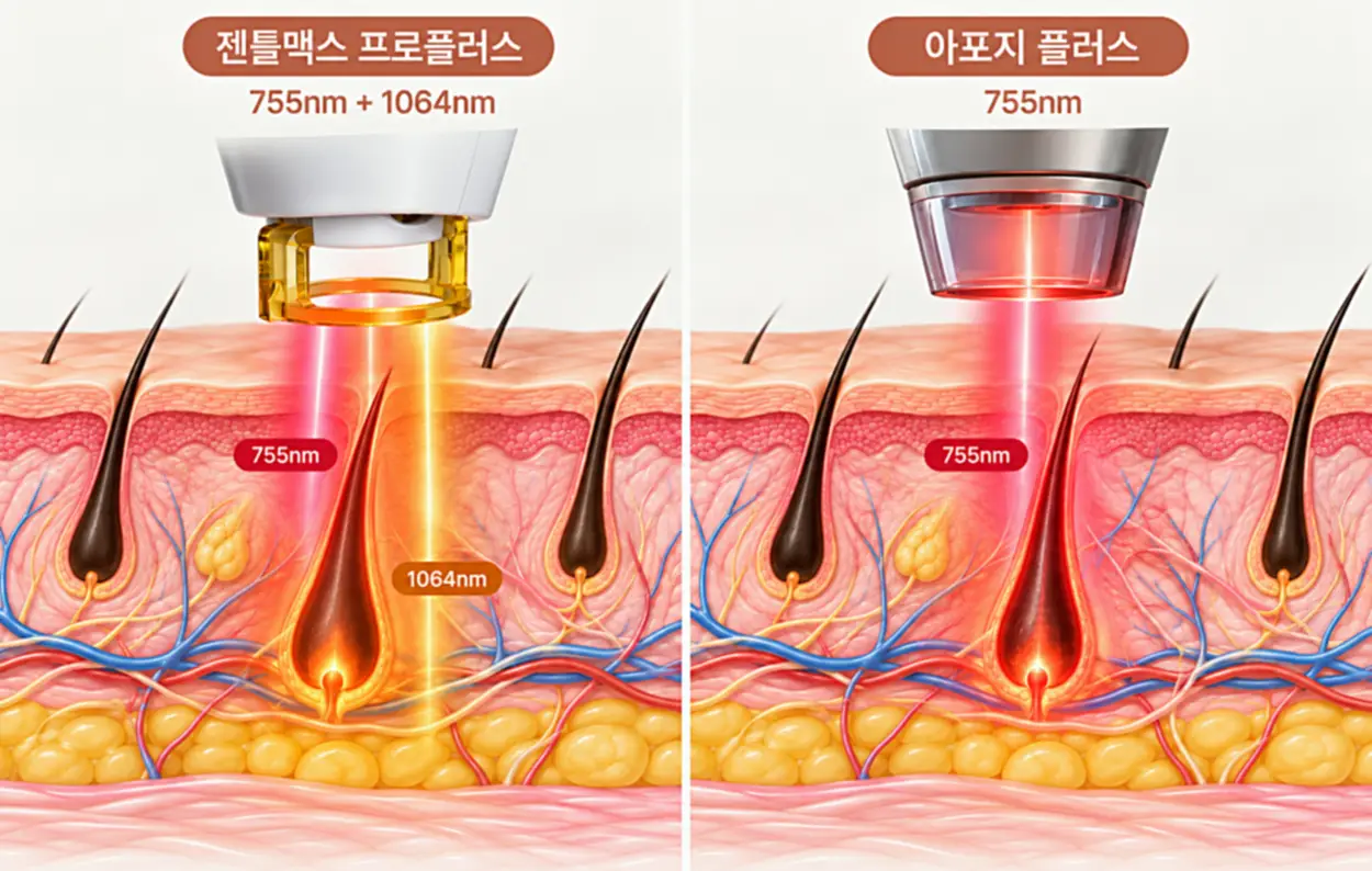 다리털 레이저 제모 장비인 젠틀맥스 프로플러스의 755nm·1064nm 파장과 아포지 플러스의 755nm 파장을 피부 단면과 모낭에 전달되는 레이저 에너지로 비교한 이미지