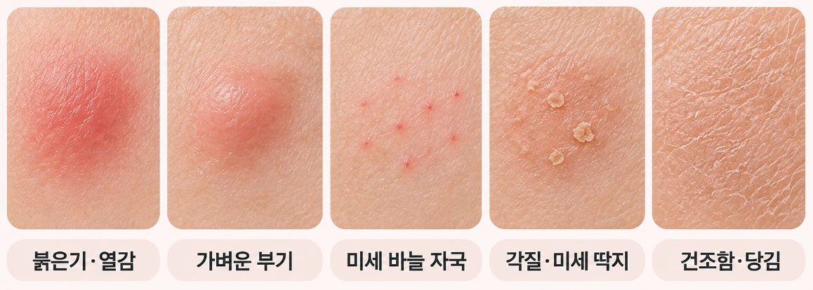 포텐자 시술 후 나타날 수 있는 붉은기·열감, 가벼운 부기, 미세 바늘 자국, 각질·미세 딱지, 건조함·당김을 비교한 이미지