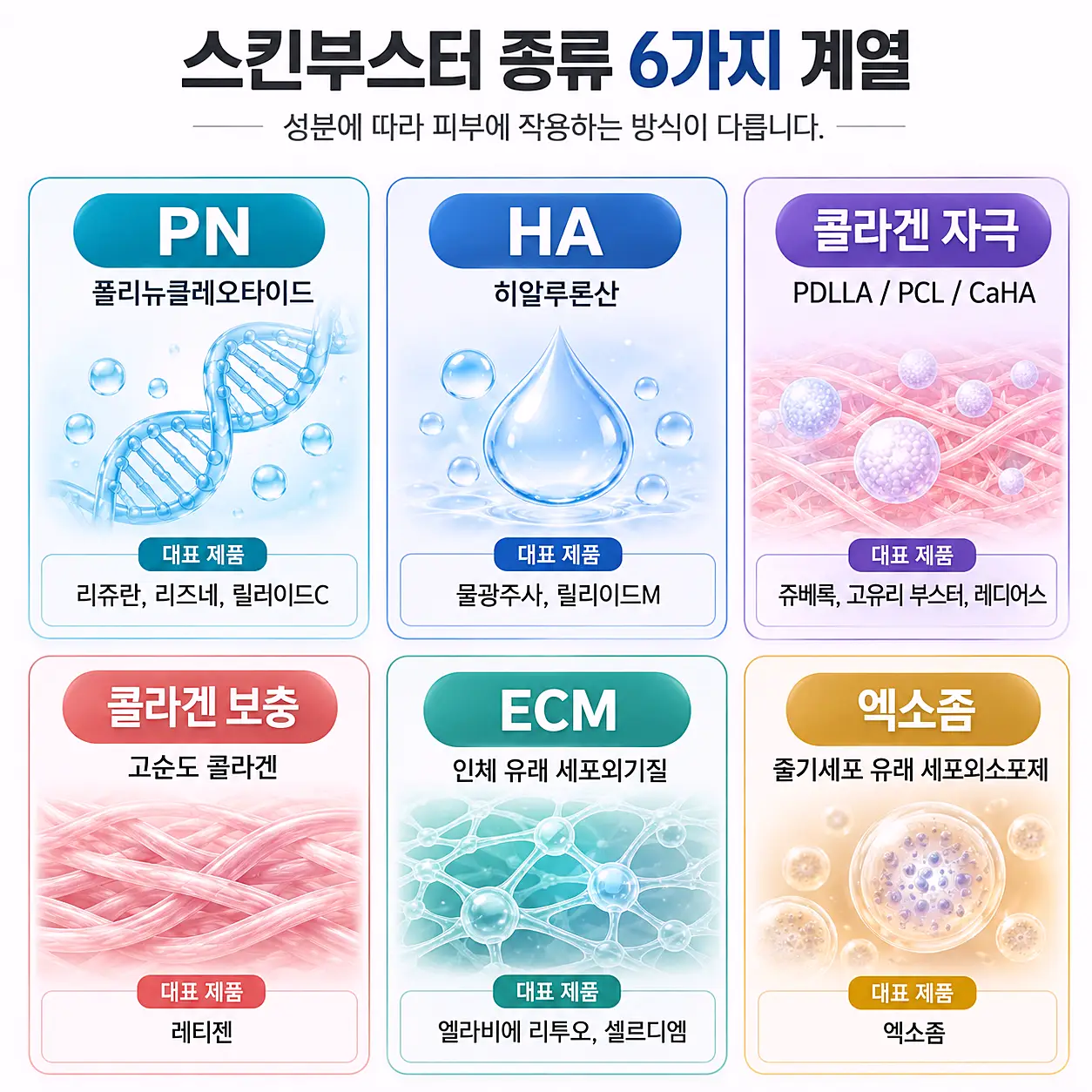 스킨부스터 종류 6가지 계열 - PN HA 콜라겐 자극 콜라겐 보충 ECM 엑소좀