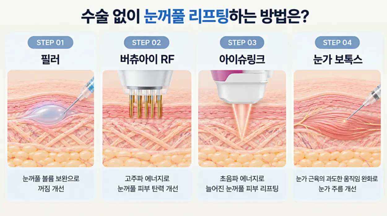 수술 없이 눈꺼풀 리프팅하는 방법으로 필러, 버츄아이 RF, 아이슈링크, 눈가 보톡스의 작용 원리와 피부 탄력 및 눈가 주름 개선 목적을 비교한 일러스트