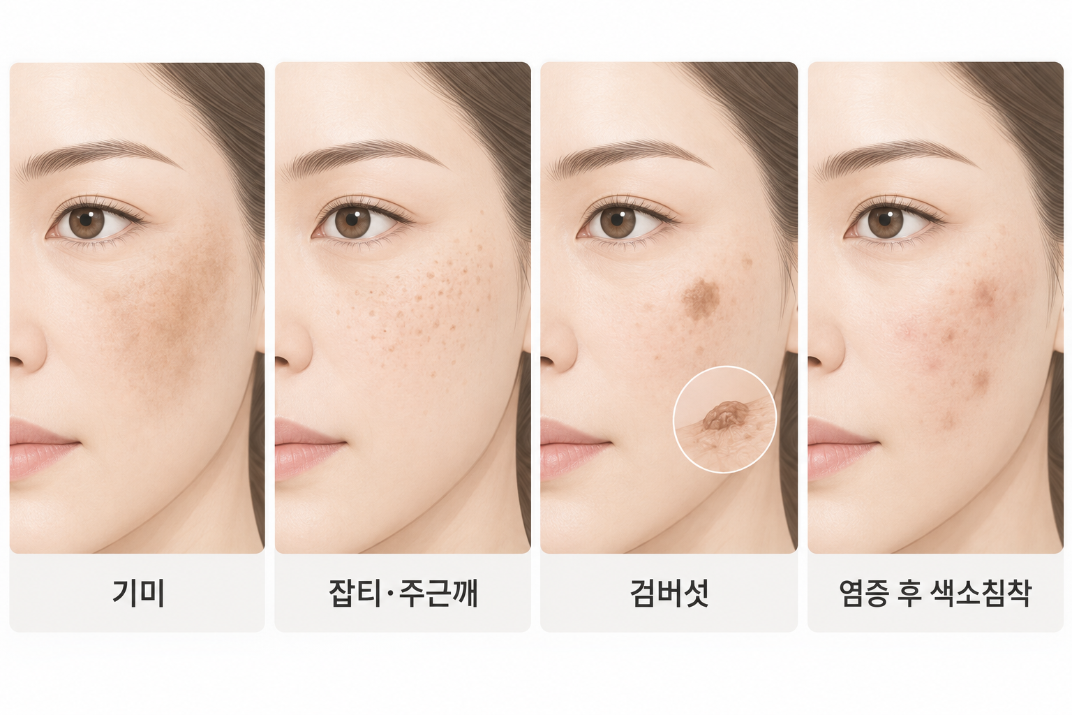기미 잡티 주근깨 검버섯 염증 후 색소침착의 분포와 표면 특징 비교