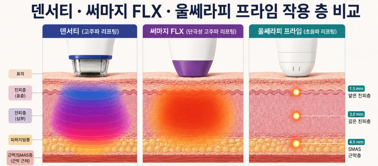 덴서티와 써마지 FLX-울쎄라피 프라임 타깃 깊이 및 에너지 전달 비교