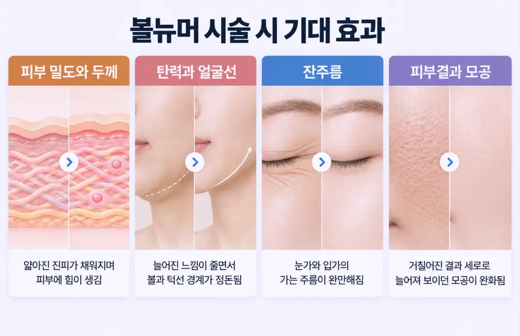 볼뉴머 시술 시 기대 효과 비교 : 진피층 두께와 밀도 개선, 볼과 턱선 얼굴선 탄력 정돈, 눈가 잔주름 완화, 늘어진 세로 모공 및 피부결 개선 전후 도식