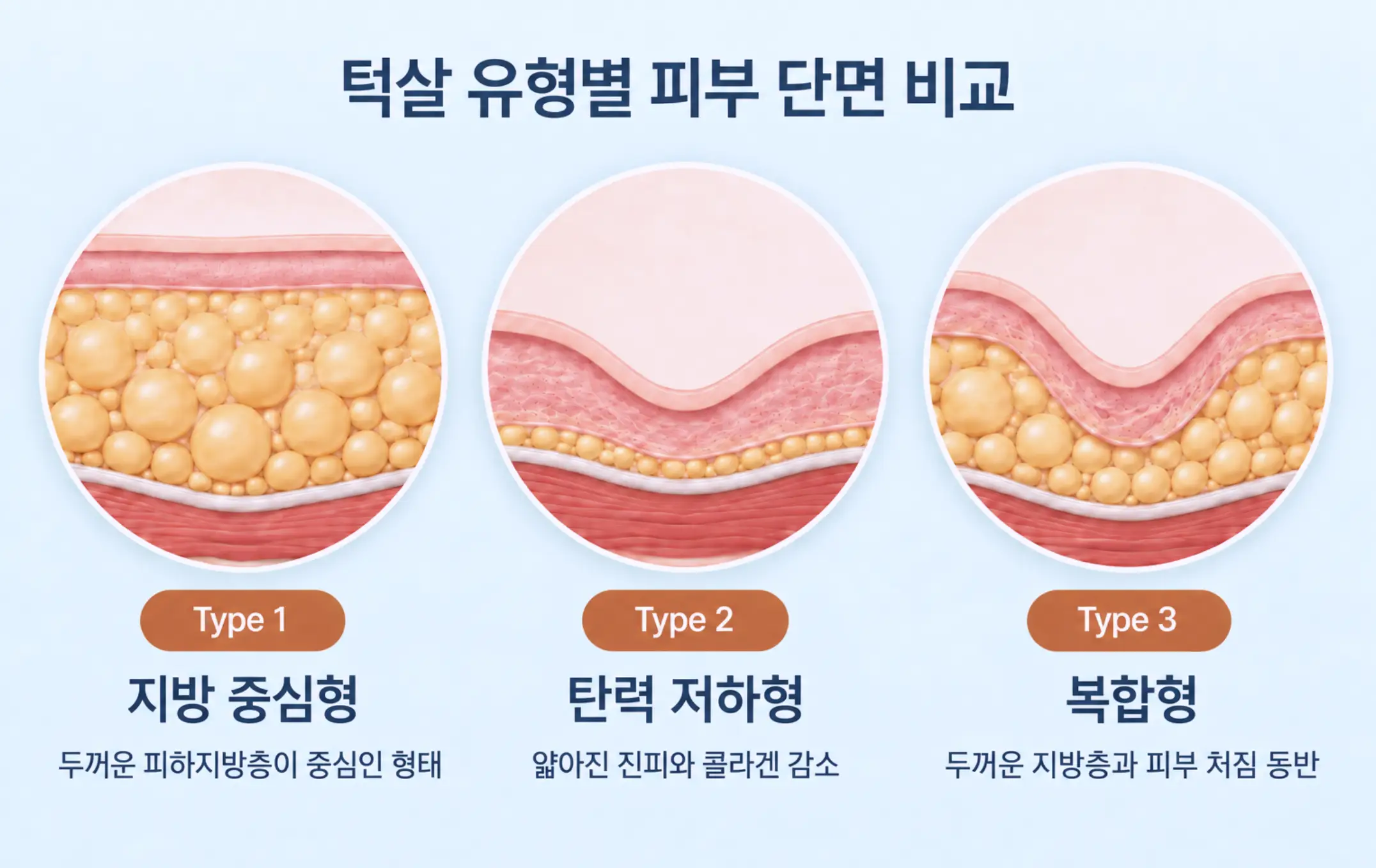 두꺼운 피하지방 중심형, 얇아진 진피와 콜라겐 감소형, 지방과 처짐이 함께 동반된 복합형 턱살의 피부 조직 단면 비교 일러스트