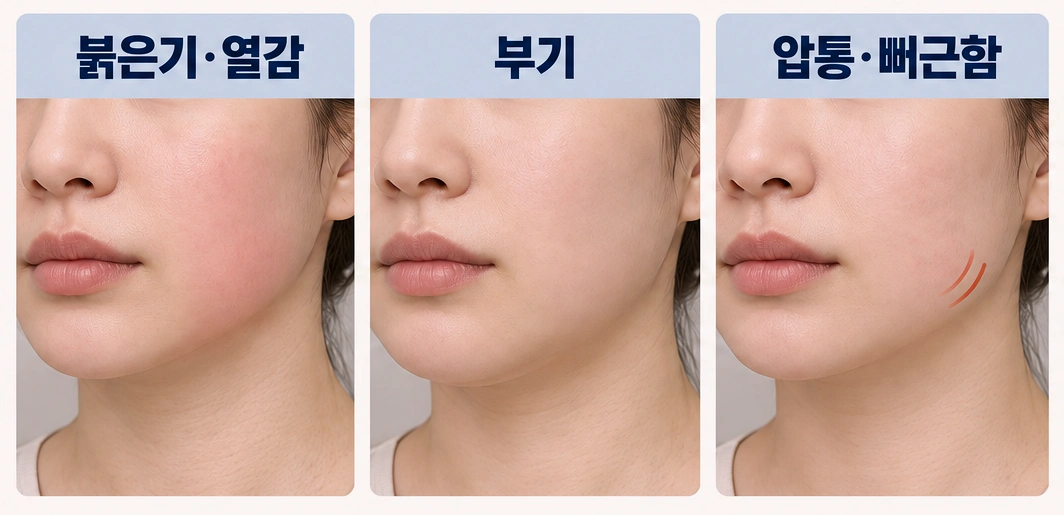 온다리프팅 시술 후 나타날 수 있는 붉은기와 열감, 부기, 압통과 뻐근함을 비교한 이미지