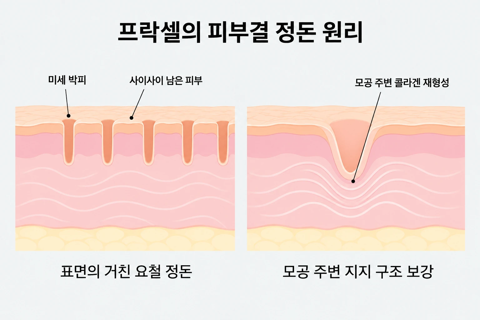 프락셀의 미세 박피와 모공 주변 콜라겐 재형성을 나타낸 피부 단면