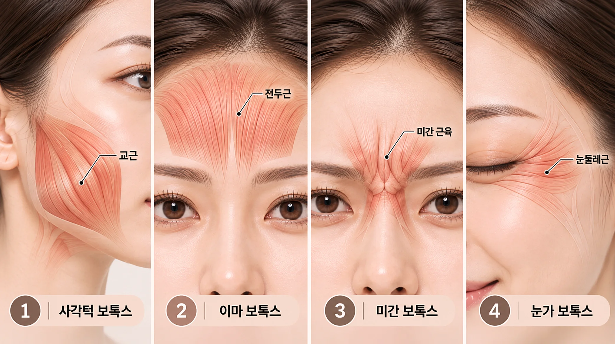 사각턱 교근과 이마 전두근, 미간 및 눈가 근육의 보톡스 적용 부위 비교