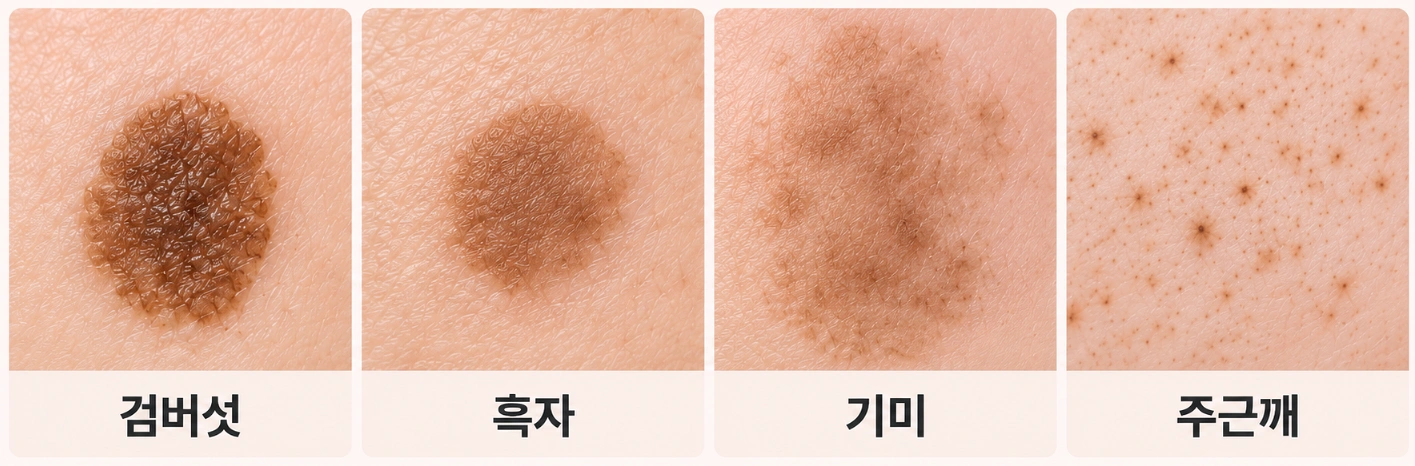 검버섯·흑자·기미·주근깨의 색상과 크기, 경계 및 분포 형태를 비교한 피부 병변 확대 사진